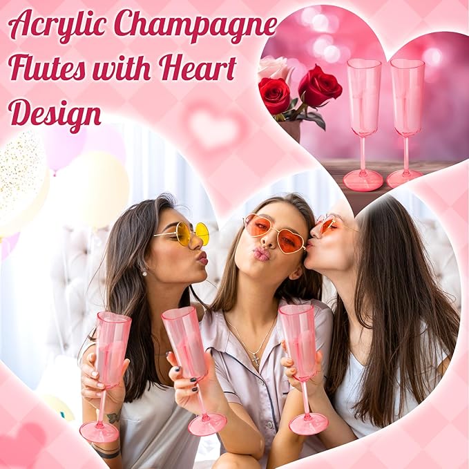 10 Pcs Galentines Day Party Supply Pink Champagne Flutes 6 oz Valentines Day Heart Shaped Champagne Flutes Acrylic Wine Cups for Valentines Galentines Bachelorette Wedding Bridal Shower