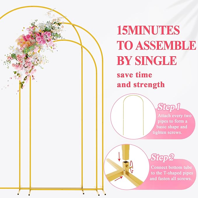Asee'm Metal Arch Backdrop Stand Set of 3 (7.2FT, 6.6FT, 6FT) Gold Arched Frame for Wedding Ceremony Parties Birthday Baby Shower Garden Balloon Decoration