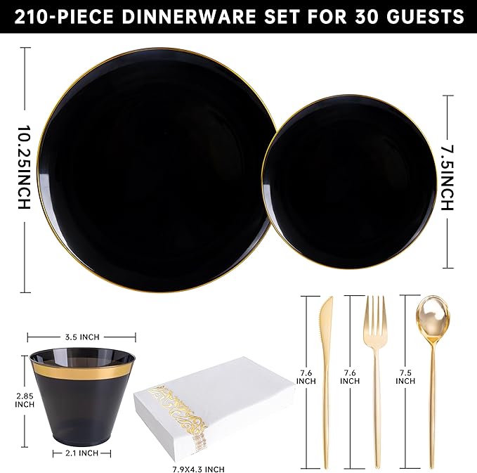 MirthMood 210Pcs Black and Gold Disposable Plates,Black Plates, Black and Gold Plates Include 30 Dinner,Dessert Plate,30 Cup&30 Napkins, 90 Gold Silverware for Wedding & Party & Birthday & New Year