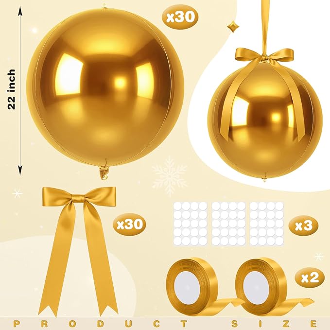 Jenaai 30 Set Round Foil Balloons Bulk 22 Inch 4d Metallic Giant Balloons Set with Satin Bows Ribbon for Ceiling Holiday Ornaments New Year Birthday Wedding Party Decoration(Gold)