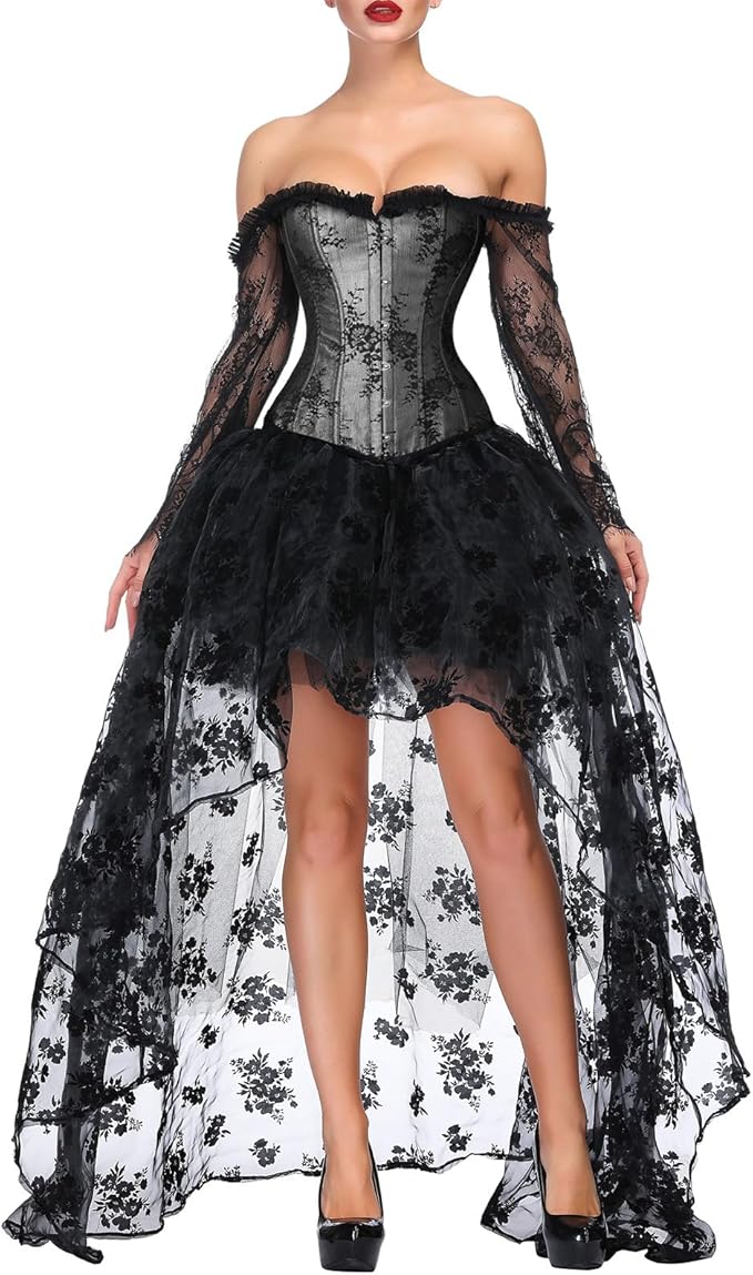 Kimring Women's Steampunk Victorian Off Shoulder Corset Top with High Low Skirt