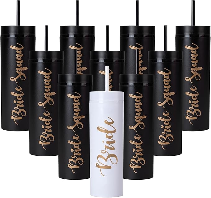 10 Pack Skinny Tumbler | 16 oz Bride & Squad Tumblers | Bachelorette Party Cups | Engagement Wedding Gifts Bridesmaids Mugs Bachelorette Party Supplies & Games (Black)