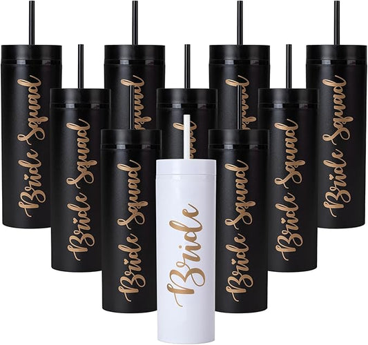10 Pack Skinny Tumbler | 16 oz Bride & Squad Tumblers | Bachelorette Party Cups | Engagement Wedding Gifts Bridesmaids Mugs Bachelorette Party Supplies & Games (Black)