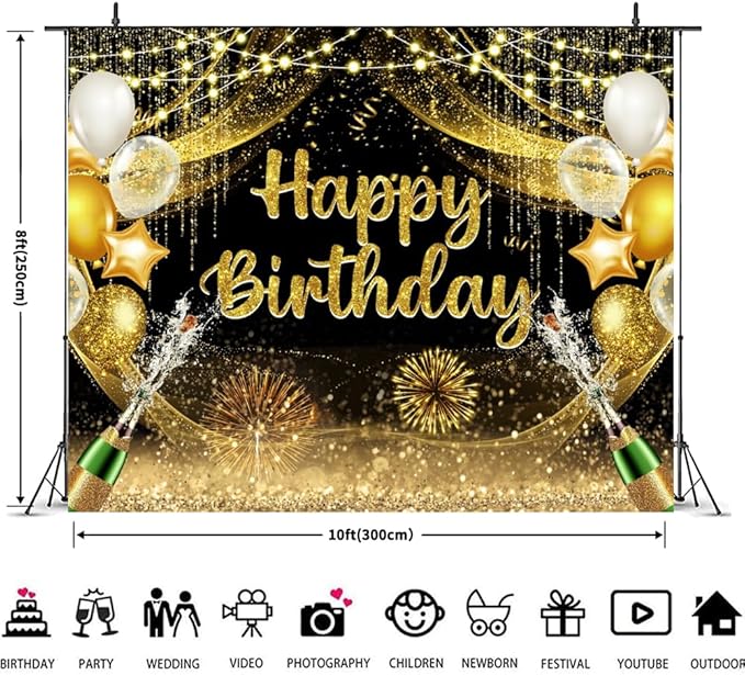 ChloropLastid Happy Birthday Backdrop 10x8ft Black and Gold Vinyl Birthday Photography Background Banner for Party Decoration Supplies