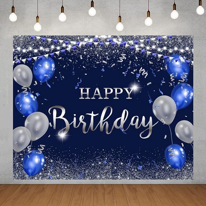 ChloropLastid Navy Blue and Silver Happy Birthday Backdrop 10x8ft for Women Men Girls Boys Birthday Party Decorations Banner Photography Background Happy Birthday Banner Decor Supplies