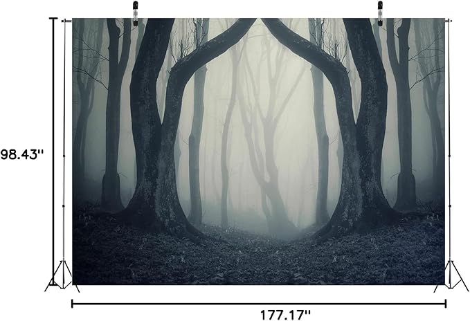BELECO 15x8ft Fabric Dark Misty Woods Halloween Spooky Forest Backdrop for Photography Magic Grove Vampire Evil Trees Background Witch Wizard Sorcerer Ghost Theme Party Decorations Banner Photo Props