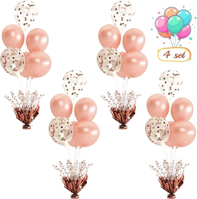 4 Set Rose Gold Table Balloons Foil Spray Centerpiece with Rose Gold and Confetti Balloons Stand Kit for Birthday Party, Baby Shower, Wedding, Bridal Shower, Prom, Cake Table Decorations