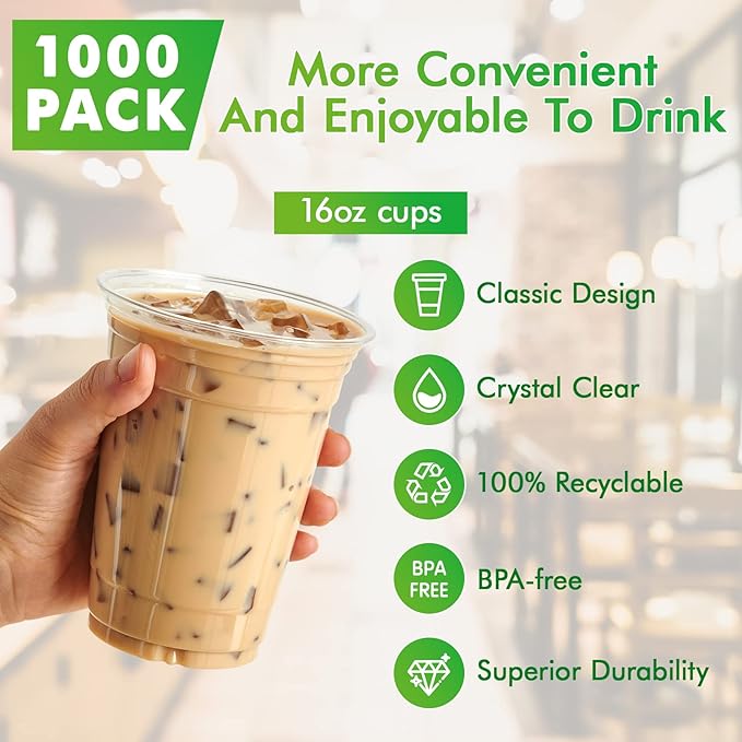 Lilymicky 1000 Pack 16 oz Clear Plastic Cups, PET Disposable Drinking Cups, Crystal Clear, Perfect for Ice Coffee, Smoothie, Soda, or Any Cold Drinks