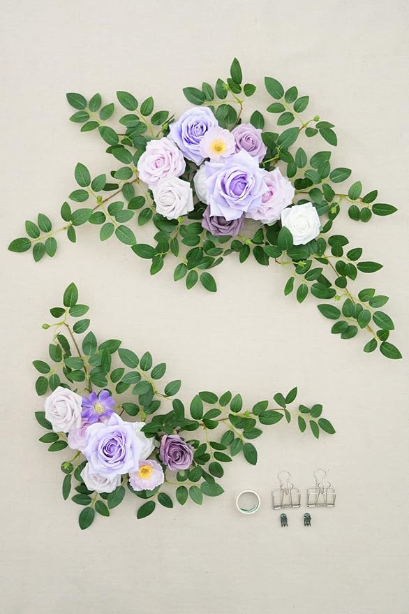 2pcs Purple Deluxe Welcome Sign Artificial Flowers Wedding Backdrop Garland Hanging Floral Arrangements for Ceremony Reception Entryway Board Sweetheart Table