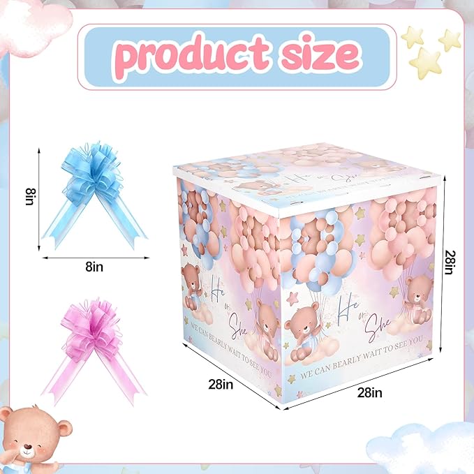 AmazingSpark 28in Jumbo Gender Reveal Gift Box Kit with Oversized Box Giant Pull Bows for Gender Reveal Baby Shower Birthday Party Decor (Boho Teddy Bear)