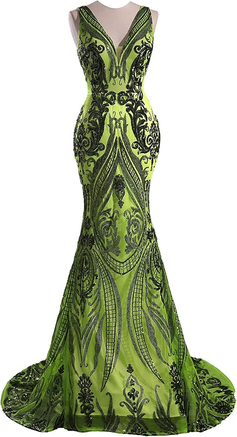 Women's Double V-Neck Sequins Lace-up Mermaid Evening Dress