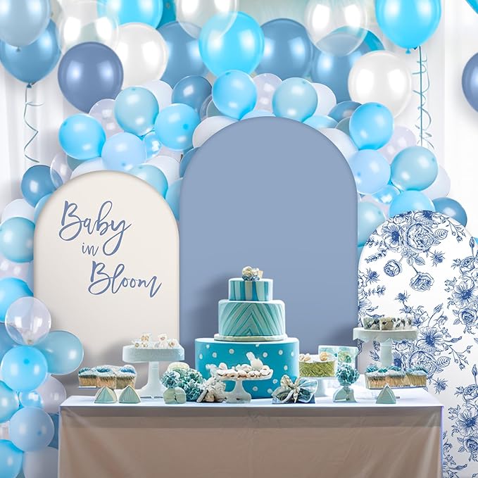 Baby in Bloom Balloon Arch Kit 34 Pcs Blue Baby Shower Party Decorations 4ft 5ft 6ft Blue and White Floral Spandex Arch Backdrop Cover with Balloons for Shower Decor