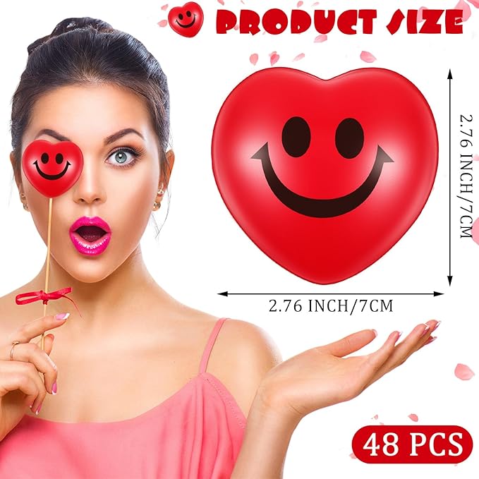 Zubebe 48 Pcs 2.76'' Valentine's Day Heart Stress Balls Heart Shaped Smile Face Ball Stress Relief Balls Valentines Day Gifts for Staff Kids Adults Party Favors School Reward (Red)