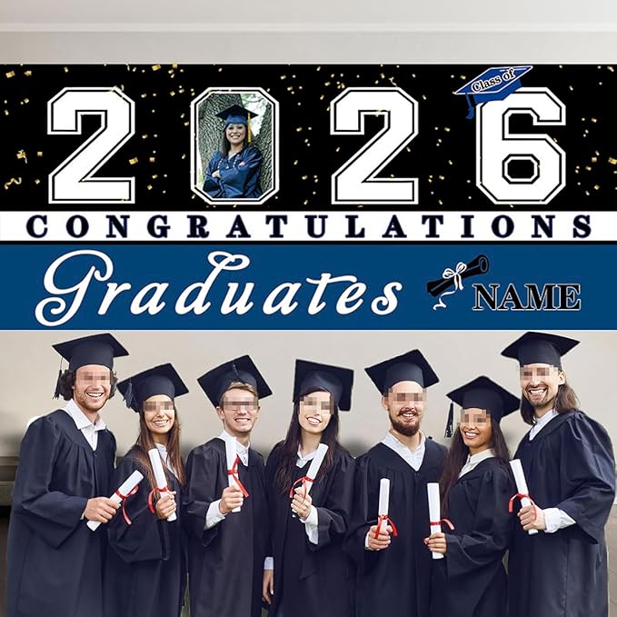 Custom Graduation Garage Door Banner Decoration 7x16ft with Photo Congrats Garage Door Cover 2026 Party Photo Booth Backdrop Party Supplies(Blue)