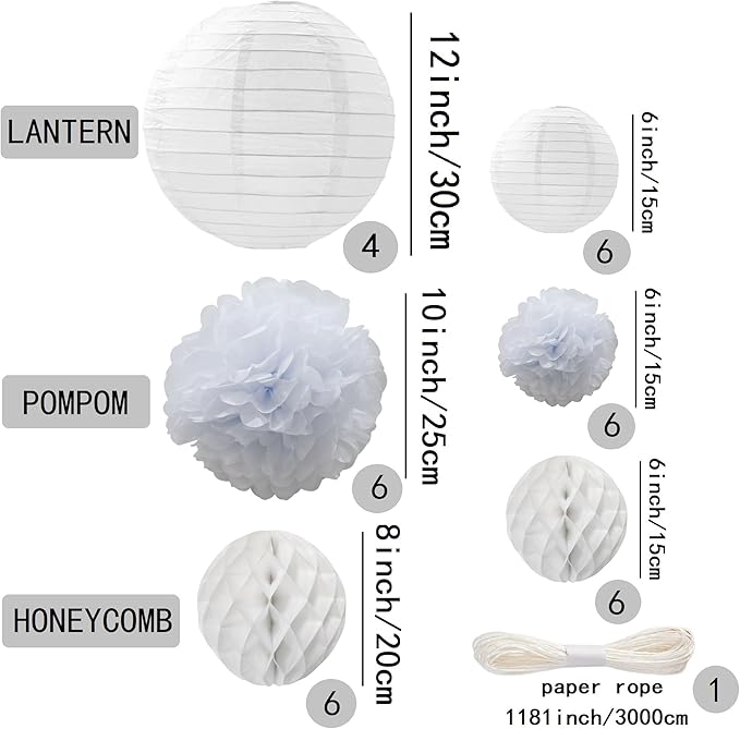 WOLHOWLTD White Paper Decoration Set - 34 Pcs Paper Lanterns, Pompoms, Honeycomb for Wedding,Halloween,School Day,Bridal Baby Shower,Birthday Party Classroom,Home Decoration(White)
