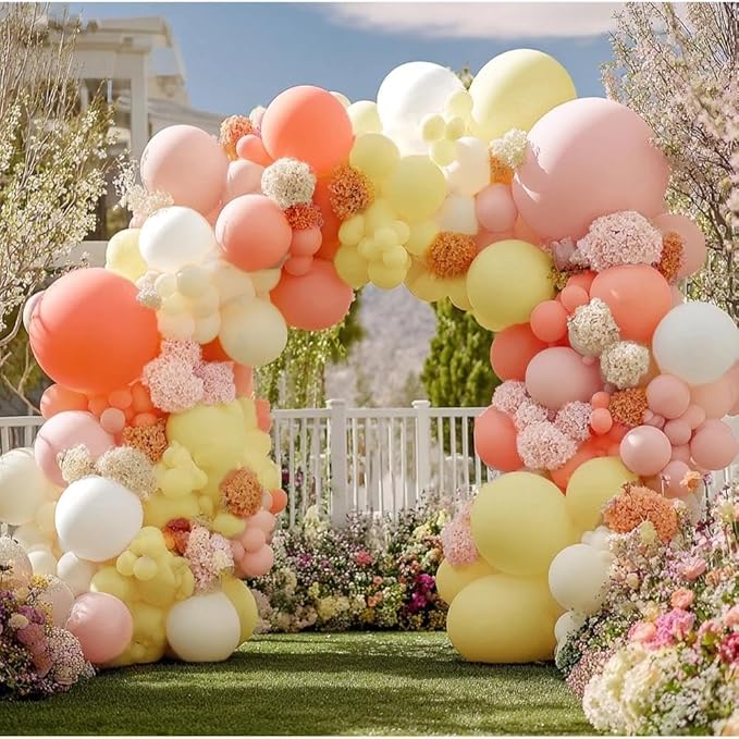 Pink Yellow Peach Balloons with Hydrangea Artificial Flowers, Double Stuffed Pastel Pink Coral White Ivory Balloon Arch for Baby Shower Birthday Wedding Bridal Shower Wildflower Party Decorations