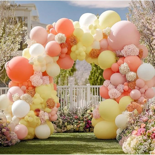 Pink Yellow Peach Balloons with Hydrangea Artificial Flowers, Double Stuffed Pastel Pink Coral White Ivory Balloon Arch for Baby Shower Birthday Wedding Bridal Shower Wildflower Party Decorations
