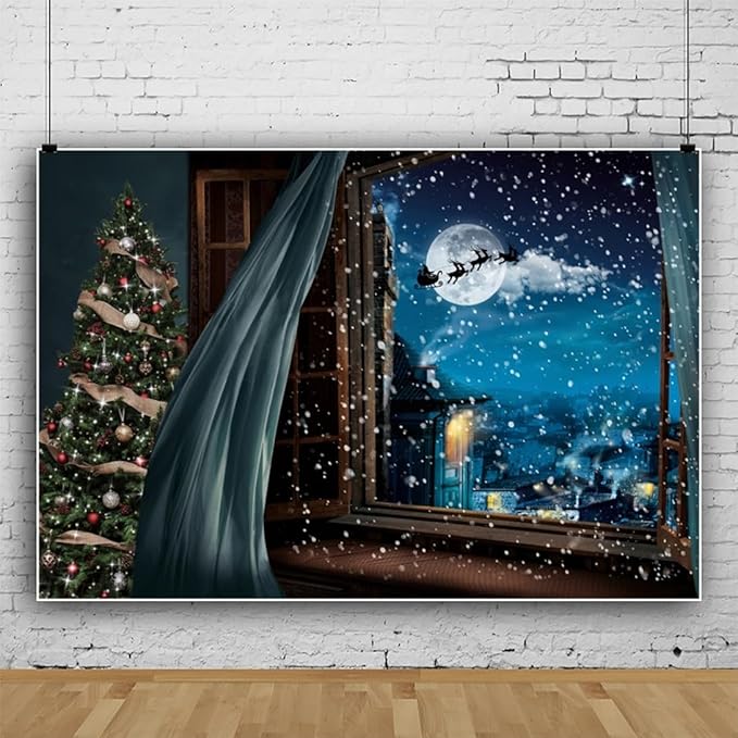 Christmas Backdrop 12x8ft Christmas Window Snowy Scene Photography Backdrop Xmas Tree Snow Background Merry Christmas Happy New Year Party Decoration Banner Portrait Photoshoot Studio Props