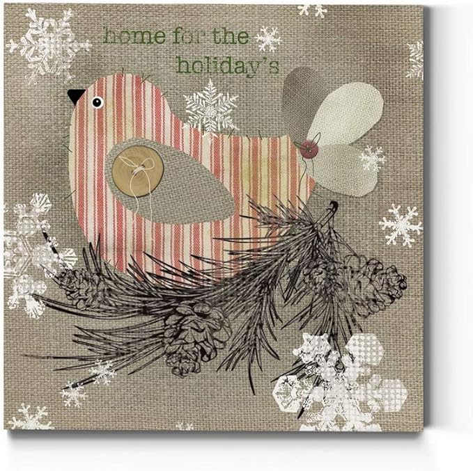 Renditions Gallery Home for the Holidays Bird Wall Art, Cute Christmas & Winter Decor, Pine Cones & Snowflakes, Premium Gallery Wrapped Canvas, Ready to Hang, 32 in H x 32 in W, Made in America