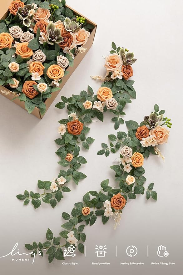 Ling's moment 10pcs Wedding Chair Decorations Aisle Floral Swag Artificial Pew Flowers Hanging Garland Apricot & Cream for Ceremony Reception Church Rose Floral Faux Arrangement Party Outdoor Decor