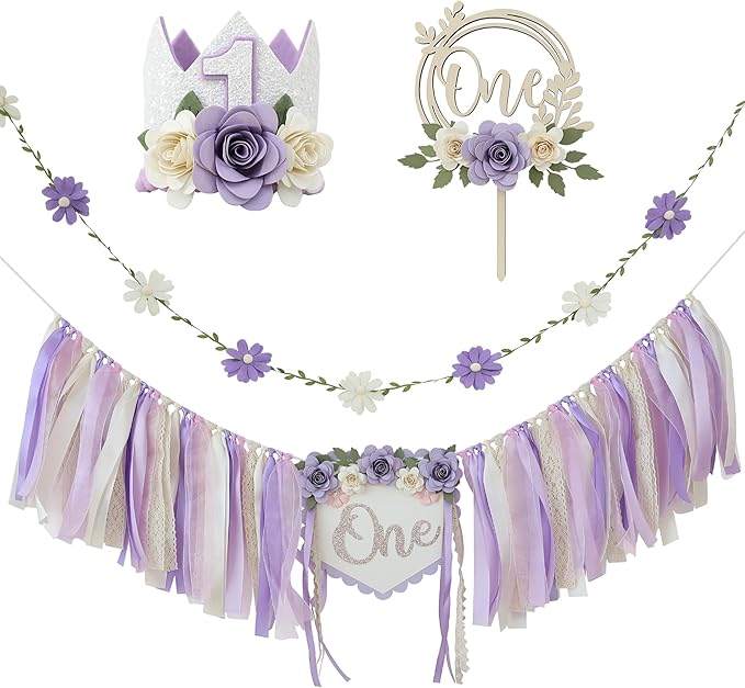 JUIIZAY First Birthday Decorations For Girl Purple High Chair Banner One Flower Cake Topper Floral Hat Wildflower Garland 1st Birthday Decoration Supplies