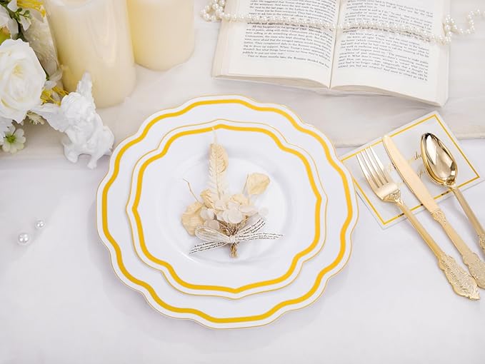 YOUBET 350 PCS White and Gold Plastic Plates - Disposable Plates for 50 Guests Tableware Includes 150 Gold Plastic Silverware, 50 Cups, 50 Napkins, for Wedding Party & Thanksgiving