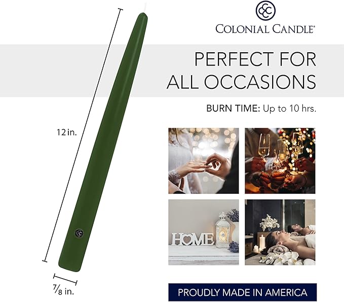 Colonial Candle Unscented Taper Candle, Handipt Collection, Evergreen, 12 in, Pack of 12 - Up to 10 Hours Burn