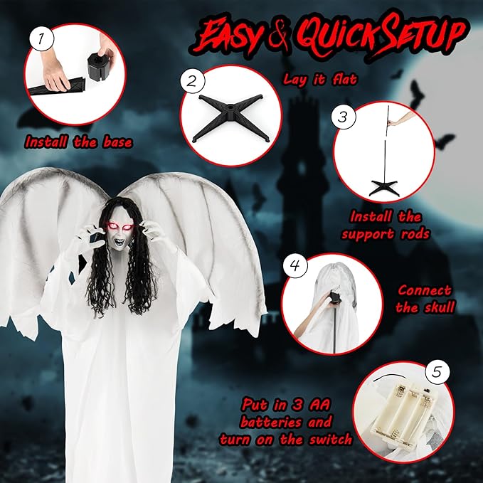 BECOMFORT 6.6 FT Halloween Animatronics, Sound-Activated Standing Angel with Flapping Wings, Glowing Eyes, Creepy Sounds & Posable Arms, Animated Halloween Props Decoration for Indoor & Outdoor
