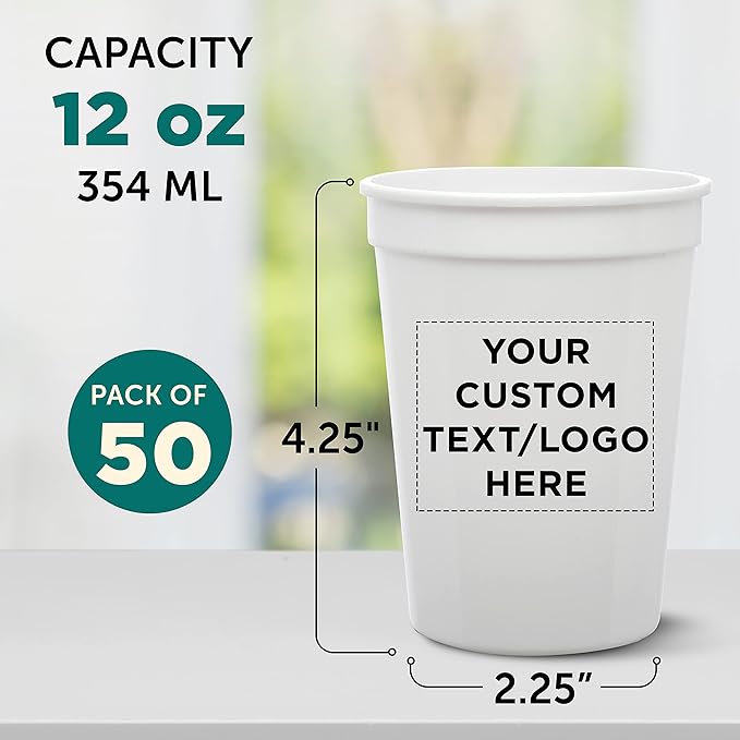 Custom Disposable Plastic Cups 12 oz. Set of 50, Personalized Bulk Pack - Perfect for Summer, Sporting Events, Birthdays, Weddings, Picnic, Beach, Parties - White