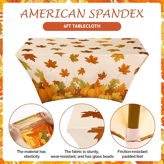 Oudain 2 Pcs Thanksgiving Stretch Table Cover 6 Feet Fall Orange Pumpkin Spandex Table Clothes Autumn Maple Leaf Acorn Party Decorations for Holiday Party Celebration Picnic Dinner Decor