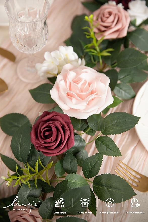 Ling's moment 5FT Dusty Rose Artificial Flower Garland Blush Rose Leaves Floral Garland Arch Flowers Vine for Wedding Party Backdrop Decor Mantel Home Table Centerpieces Wall Decorations Cream