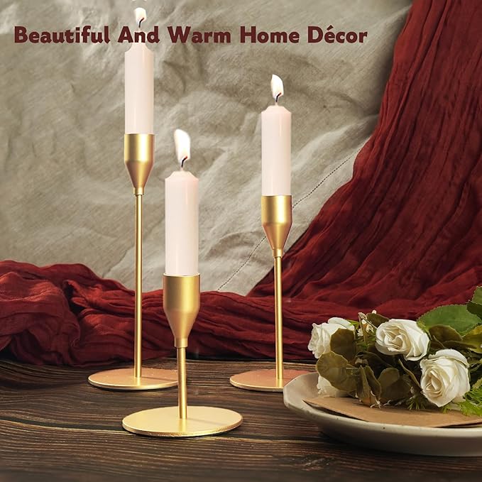 Matte Gold Candle Holders Bulk Painted Gold Metal Candlesticks Fit 0.8 Inch Taper Candles Decorative Metal Candelabra for Wedding Home Holiday Anniversary Party Dinning Table Decors (Set of 24)