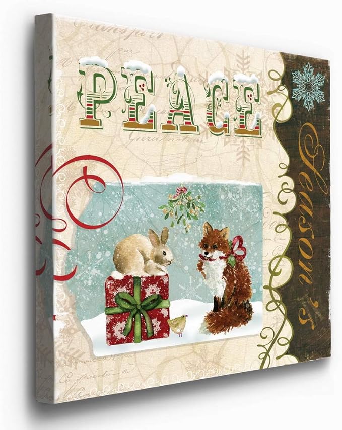 Renditions Gallery Christmas Peace Wall Art, Cute Winter Decor, Festive Rabbit, Fox, and Bird with Present, Premium Gallery Wrapped Canvas, Ready to Hang, 32 in H x 32 in W, Made in America