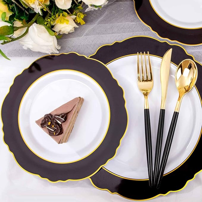 WDF 30Guest Black and Gold Plastic Plates - New Year Plates - Gold Plastic Silverware With Black Handle Baroque Black and Gold Disposable Dinnerware for New Year &Parties