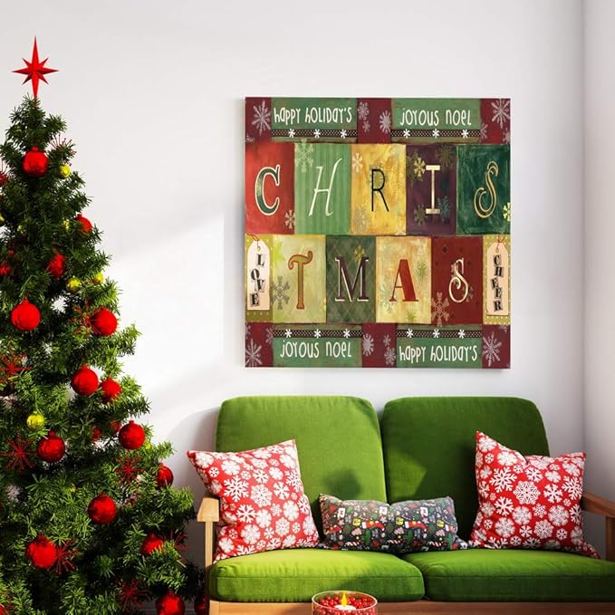 Renditions Gallery Christmas Word Art Wall Art, Cute Winter Decor, Colorful Wrapping Paper Like Designs, Snowflakes, Premium Gallery Wrapped Canvas, Ready to Hang, 32 in H x 32 in W, Made in America