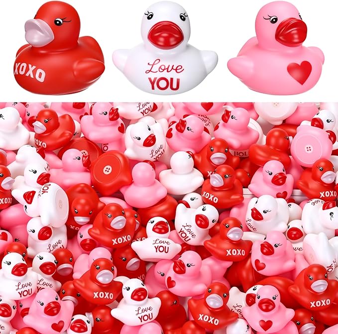 200 Pcs Valentine's Day Rubber Duck Heart XOXO Valentines Duck 1.4 Inch Pink Red White Float Toys for Party Favors Prizes Exchange Gifts Goodie Bag Fillers, 3 Styles