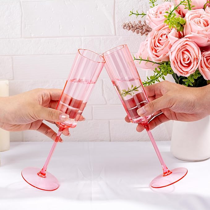 YOUBET 36 Pack Pink Champagne Flutes Plastic - 6 Oz Flower Wavy Champagne Plastic Glasses - Heavy Duty Vintage Disposable Flutes for Wedding Party Birthday Anniversary Valentines Day