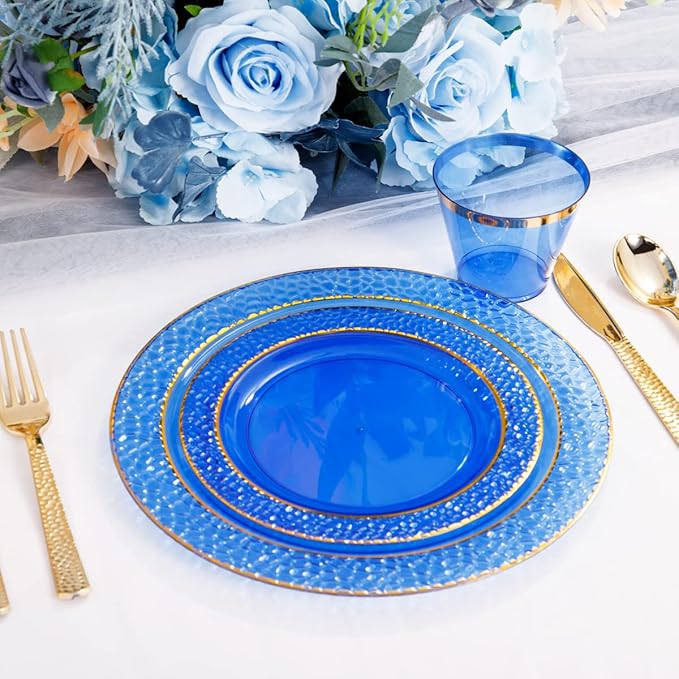 Nervure 150PCS Clear Blue Plastic Plates - Gold Party Plates - Blue and Gold Dinnerware Set Include: 50 Disposable Plate, 25Cups, 25Forks, 25Knives, 25Spoons for Wedding & Party & Hanukkah