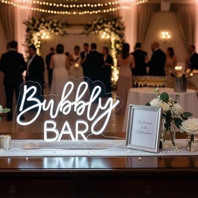 Bubbly Bar Neon Sign Tabletop, Handmade White Wedding LED Neon Light with Stand for Wedding Engagement Event Party Baby Bridal Shower Home Champagne Mimosa Bar Reception Table Sign - 15''