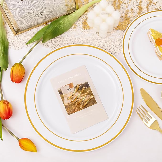 I00000 300 Pcs Gold Plastic Plates with Silverware, White and Gold Plastic Dinnerware Set for Party include: 60Dinner Plate 10.25", 60Dessert Plate 7.5", 60 Silverware Sets for Wedding & Party
