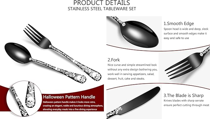 XIAOYU 20 Piece Halloween Skeleton Tableware Silverware Set, Metal Flatware Set Service for 4, Gothic Unique Skull Flower Pattern Design, Skeleton Utensil Cutlery Set for Halloween Easter Christmas