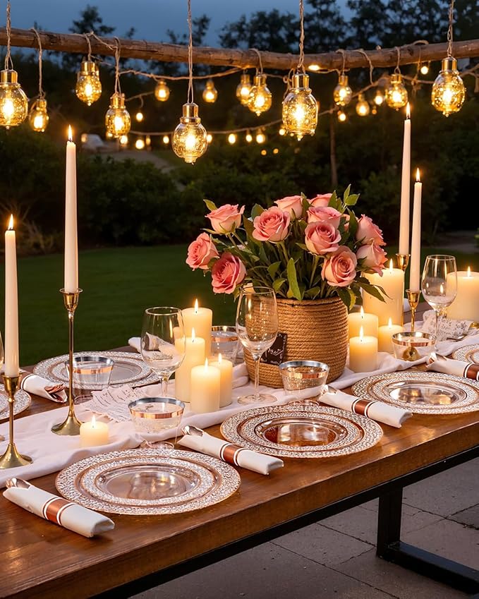Ciaell 350PCS Rose Gold Plastic Plates - Clear Rose Gold Disposable Plates with Plastic Silverware include 100Plates, 150Silverware, 50Cups, 50Napkins for Wedding & Party & Valentine's Day