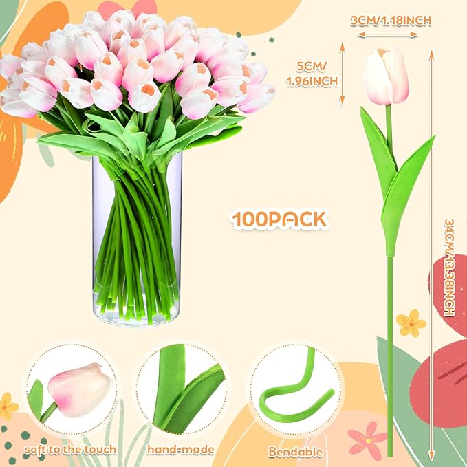 Jexine 100 Pcs Artificial Real Touch Tulips Fake Artificial Tulip Flower Bulk Bouquet with Stem for Table Centerpieces Wedding Bridal Easter Mother's Day Garden Home Decor, 13.4''(Light Pink)