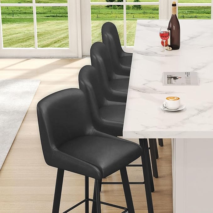 Swivel Bar Stools, 26''H Upholstered Barstools with Backs, Modern Counter Height Bar Stool Chairs for Kitchen Island, Metal Legs (Black- Faux Leather, Set of 4-26" H)