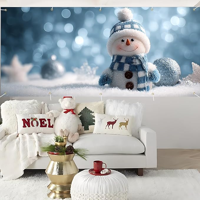 Christmas Garage Door Banner 7x16FT Snowman Winter Scene, Cute Holiday Garage Door Cover for Outdoor Xmas Decorations & Driveway Displays