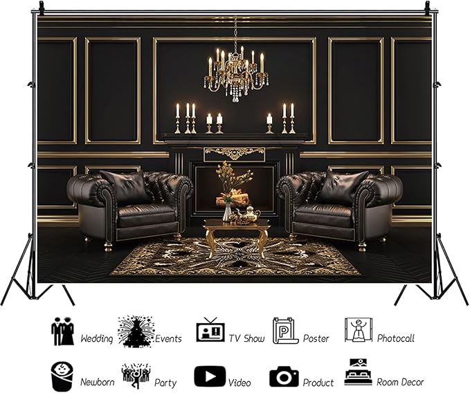 Baocicco 12x8ft Vinyl Black Luxury Interior Photography Backdrop Fireplace Sofa Chandelier Nordic Style Vintage Wall Backdrops for Birthday Wedding Events Party Home Decors Photo Booth Studio