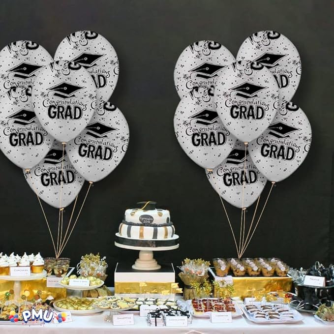 PMU 100 Pcs Silver Graduation Balloons Class of 2025 with All-Over Print White Grad Caps-Confetti and Streamers | Graduation Party Supplies | Congratulations Grad Latex Balloons Latex