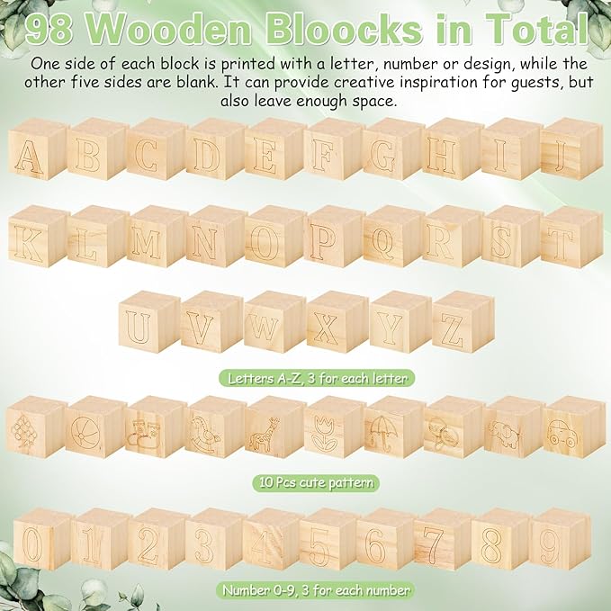 Marsui 136 Pcs Baby Shower Blocks to Decorate Game Kit Includes 98 Wooden Blocks, 36 Markers, 1 Game Sign, 1 Storage Box for Baby Shower Gender Reveal Activity Party Decorations(Leaf)