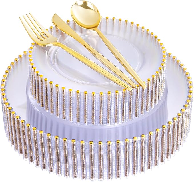 LIYH 150 Pcs Clear and Gold Plastic Plates - Elegant Disposable Gold Plastic Dinnerware set Include Dinner & Dessert Plates for Birthday Party Wedding 30 Guests