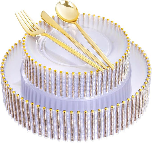 LIYH 150 Pcs Clear and Gold Plastic Plates - Elegant Disposable Gold Plastic Dinnerware set Include Dinner & Dessert Plates for Birthday Party Wedding 30 Guests